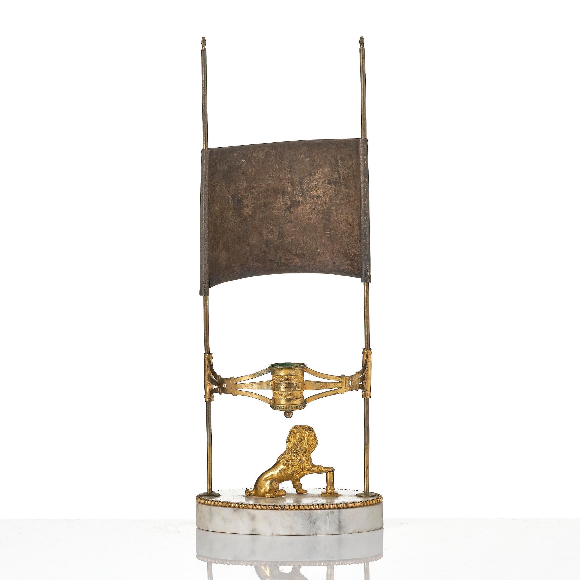 A late Gustavian gilt brass, marble and tole reading lamp, late 18th century.