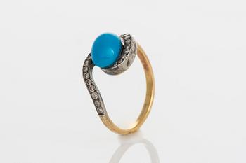 RING, guld (56), turkos, ca 2,0 ct, små diamanter totalt ca 0,50 ct. Ryska stämplar. Vikt ca 3,0 g.