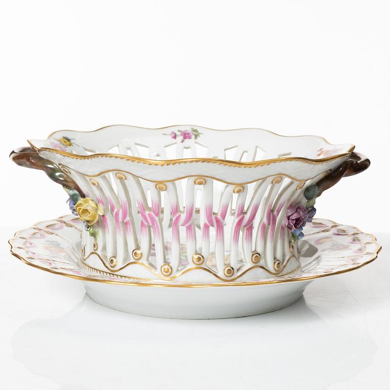 Royal Copenhagen, a 'Saxon Flower' basket on stand, Denmark, 1889-1922.