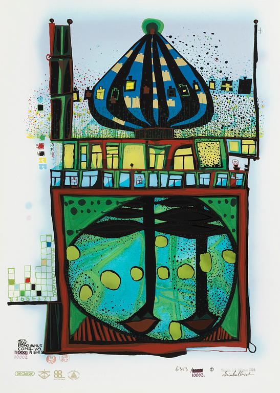 Friedensreich Hundertwasser, fotolitografi och serigrafi med metallprägling, 1984. Signerad och numrerad 6353/10002.