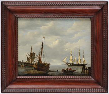 François Carlebur, Fishing boats on the shore and a frigate at anchor.