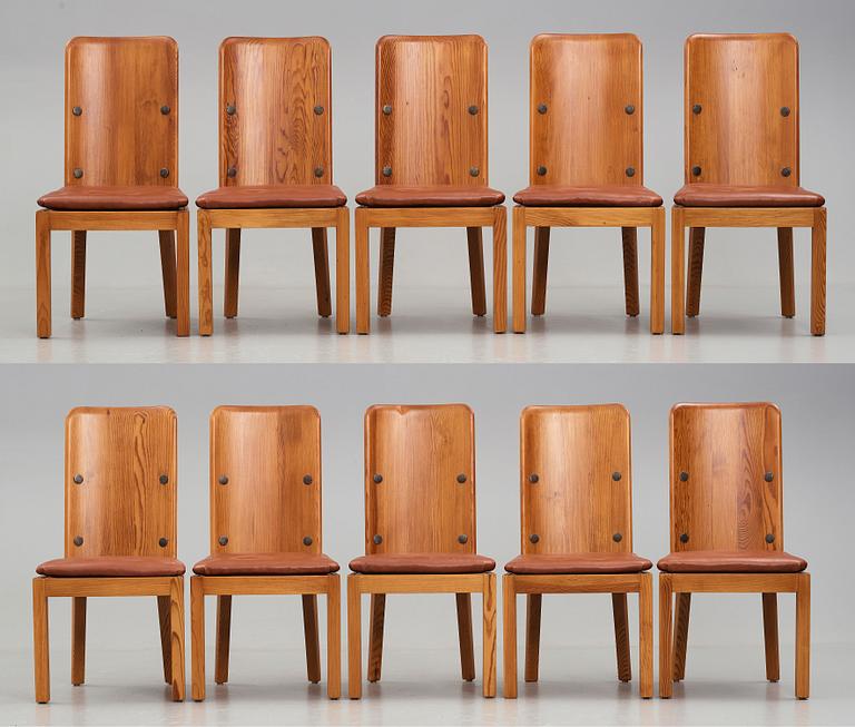 Axel Einar Hjorth, a set of ten "Lovö" stained pine dining chairs, Nordiska Kompaniet, Sweden 1930's.