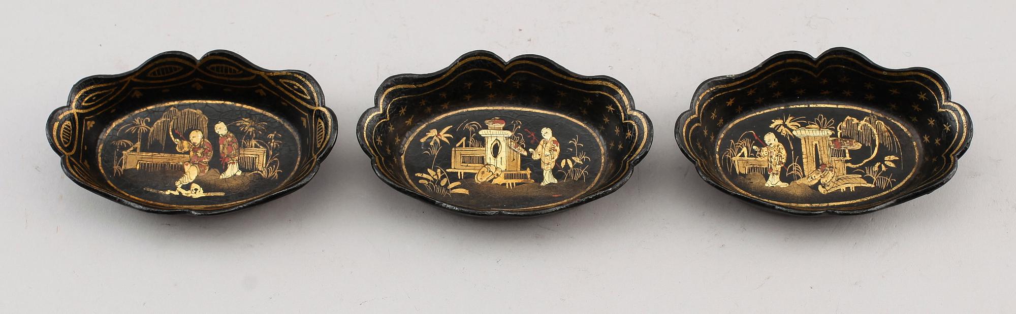 SKÅLAR, 3 st, papier maché, Kina, 1800-tal.