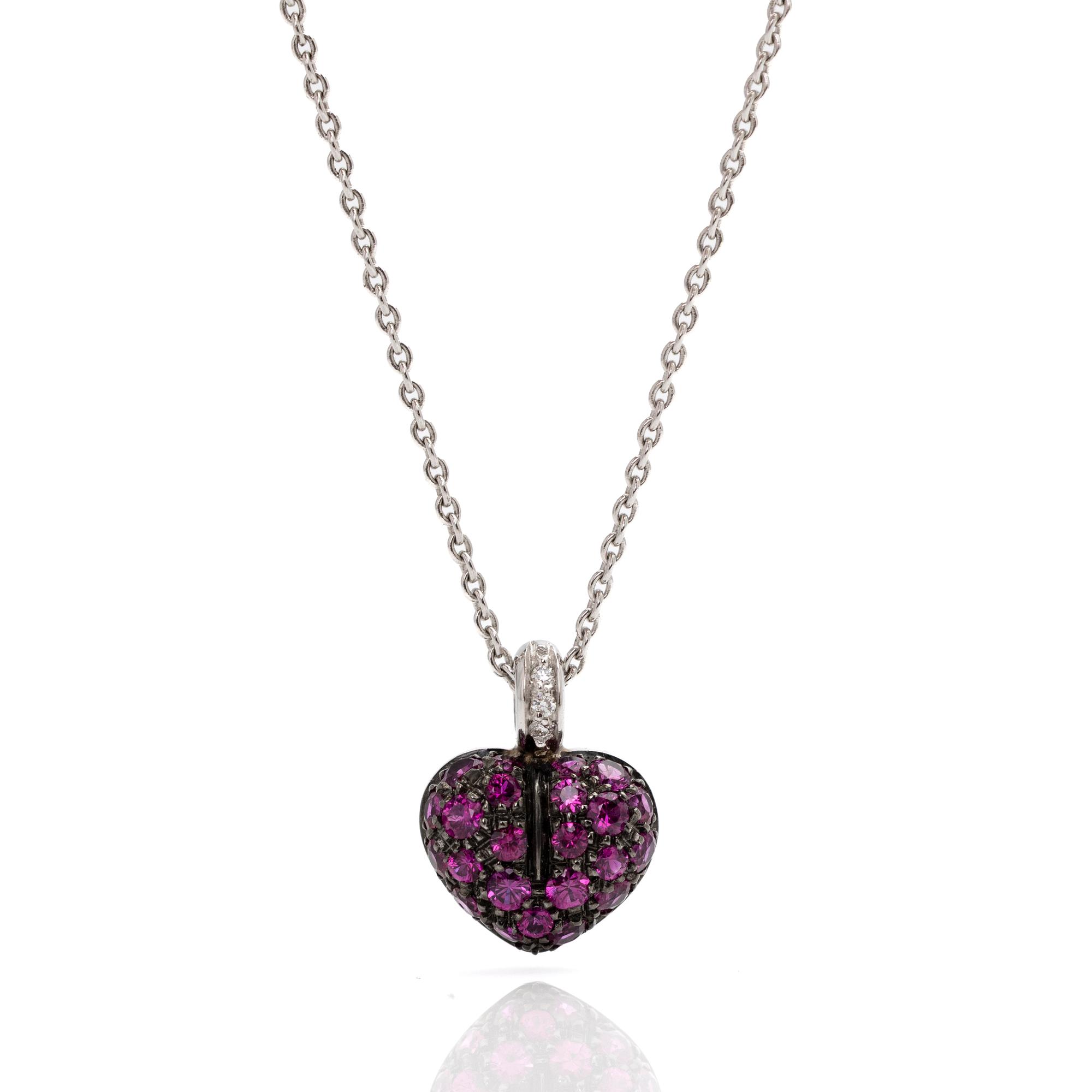 Necklace, 18K white gold, with a heart-shaped pendant in black rhodium-plated white gold set with rubies and brilliant-cut diamonds.