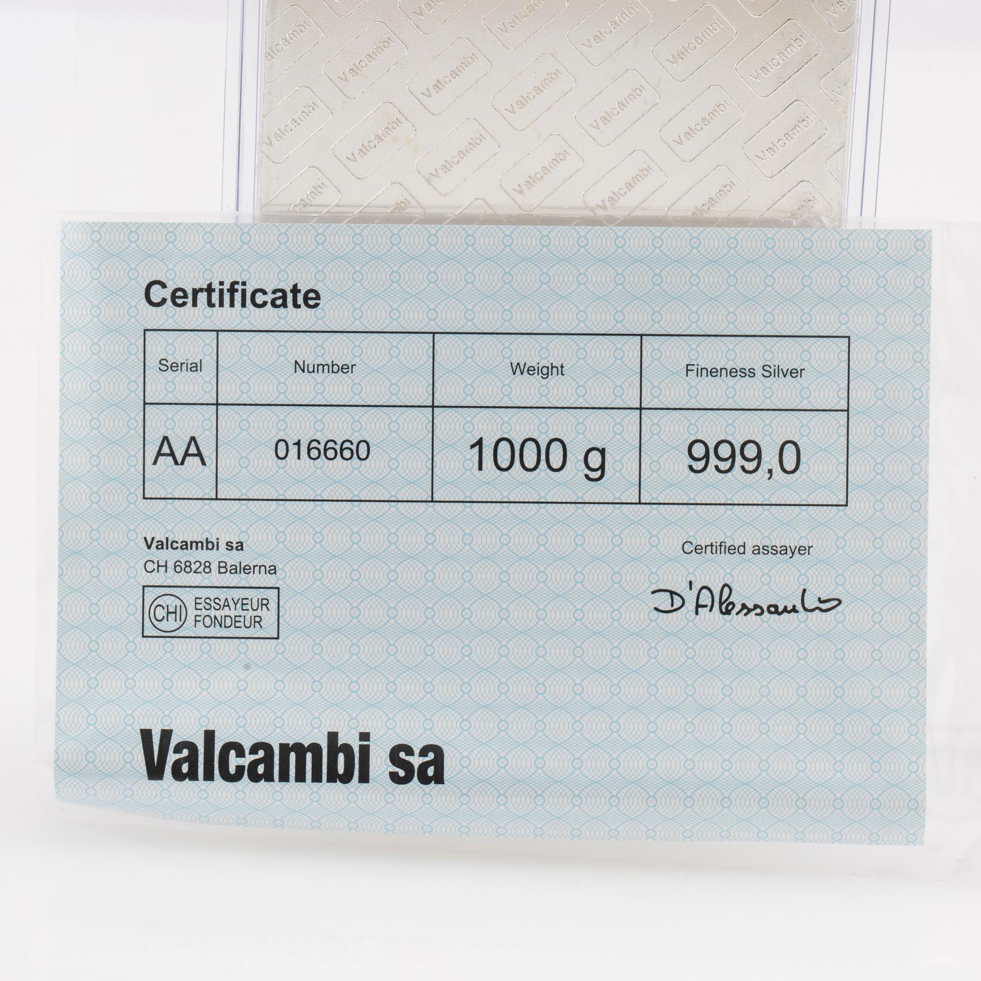 Silver bar 1kg 999 Valcambi Suisse.