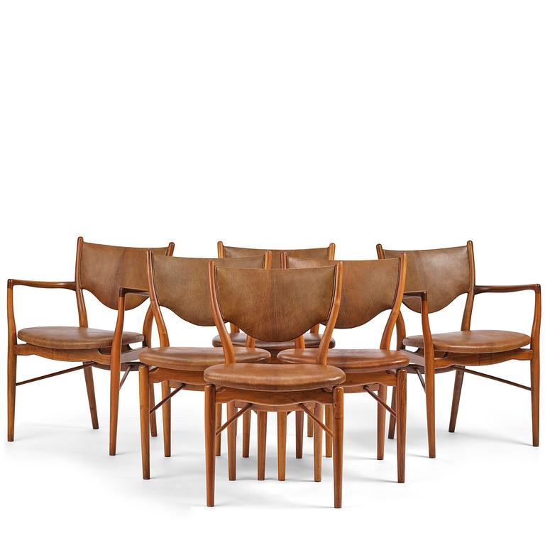 Finn Juhl, a set of four chairs and a pair of armchairs, model "Bo-63" and "Bo-72", Bovirke, Denmark, 1950s-60s.