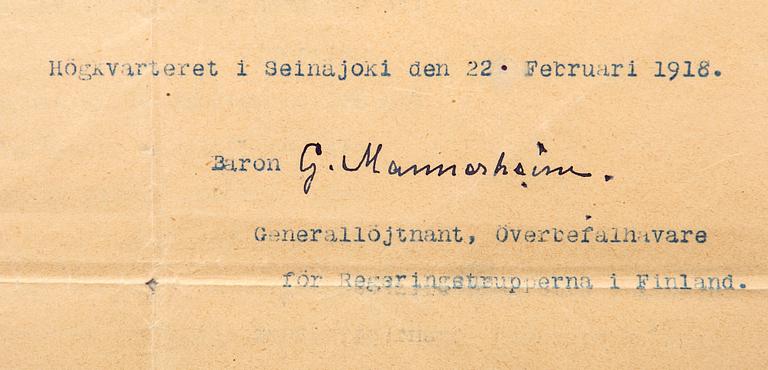 Gustaf Mannerheim 1867-1951, Finland, baron, military leader and statesman. Signed document Swedish Brigade 1918.