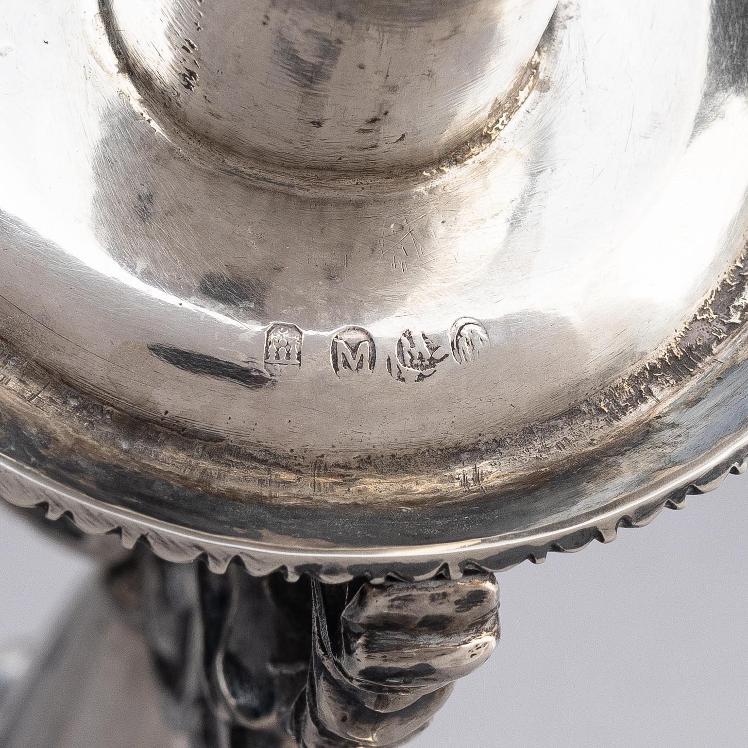 A pair of Danish 19th century silver candelabras, marks of Caspar Julius Wrom, Copenhagen 1834.