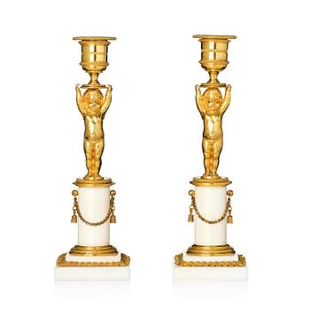 156. A pair of late Gustavian ormolu and white marble candlesticks, Stockholm, late 18th century.