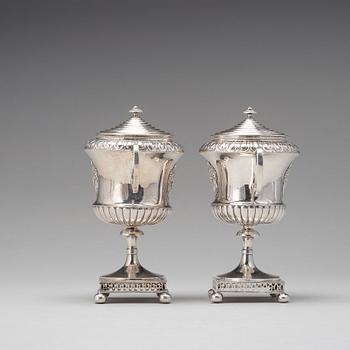 A pair of Swedish late 18th century silver sugar bowls and covers, mark of Pehr Zethelius, Stockholm 1799.