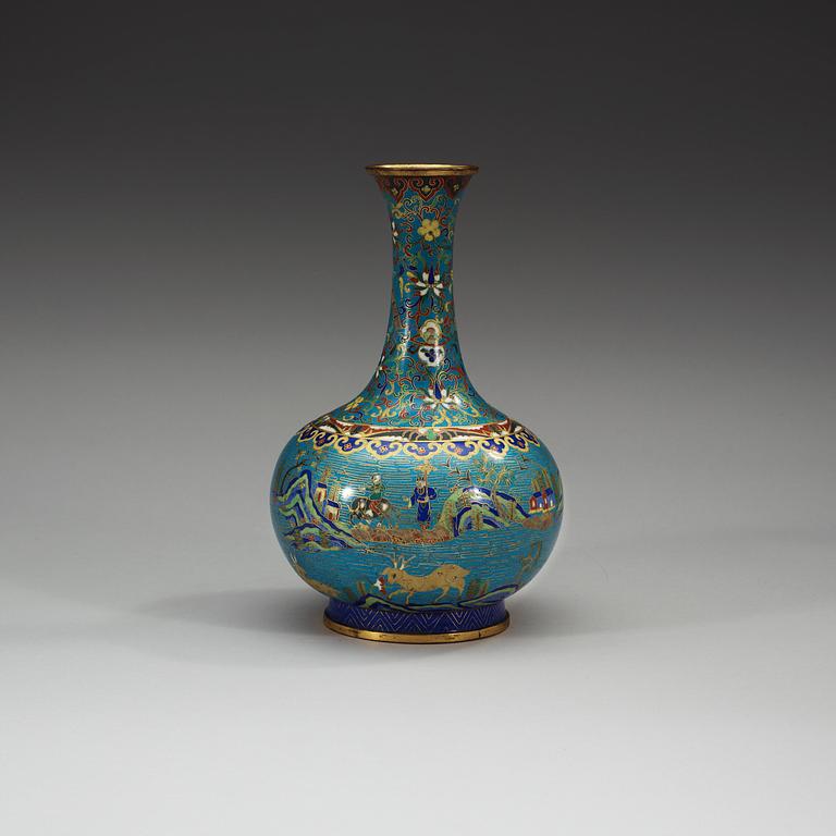 A Cloisonné vase decorated with figures and deers in a landscape, Qing dynasty, 19th Century.