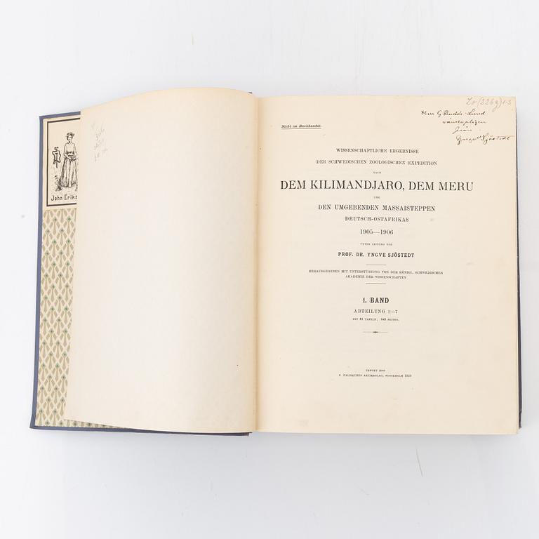 Yngve Sjöstedt, Zoologische Kilimandjaro-Meru Expedition 1905-1906, 3 volumes, P.Palmqvists Aktiebolag Stockholm, 1910.