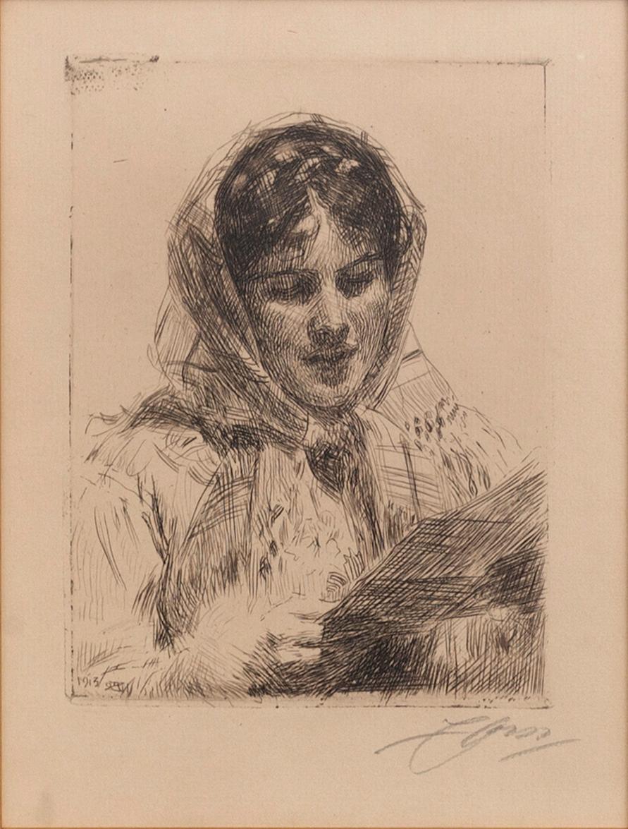 Anders Zorn, etsning, 1913, signerad.