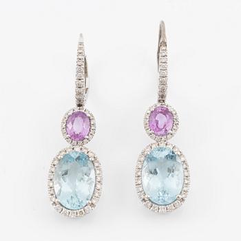 Aquamarine, pink sapphire and brilliant-cut diamond earrings.