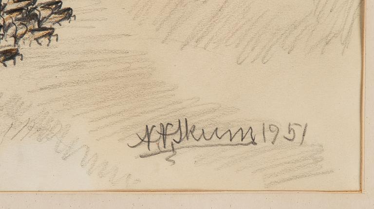 Nils Nilsson Skum, krit- och blyertsteckning, signerad och daterad 1951.