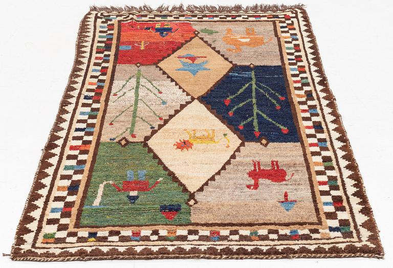 An antique/semi-antique pictorial Gabbeh - Khersak rug,  c 187 x 107 cm.