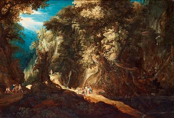 Gysbrechts Leytens Attributed to, Mountain landscape with figures.