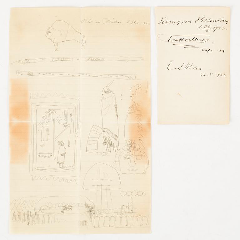 Carl Milles, drawing, pencil and autograph.