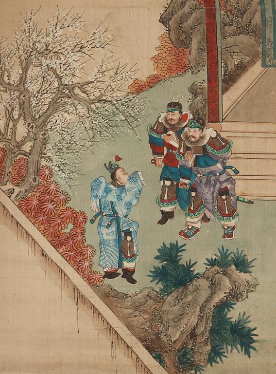 RULLMÅLNINGAR (4), sen Qingdynastin (1644-1912), med scener ur de tre kungadömenas historia.