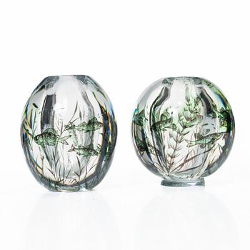 Edward Hald, two "fish graal" glass vases, Orrefors, 1945 and 1952.