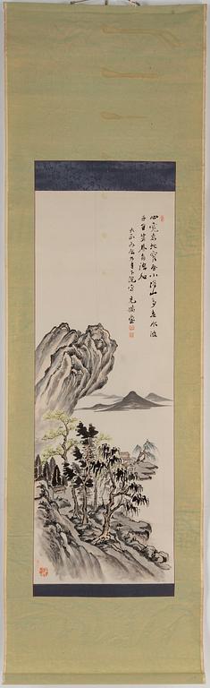 Three Japanese hanging scrolls, ink and colour on paper, signed incl. 充满唐 and dated 1920.