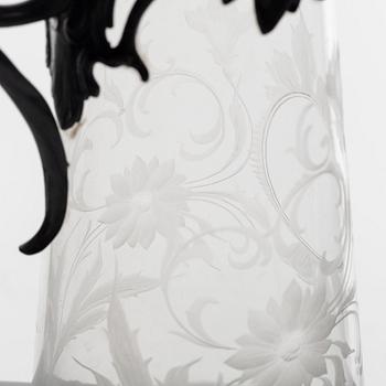 decanter / jug, glass and pewter, Art Nouveau, early 1900's.