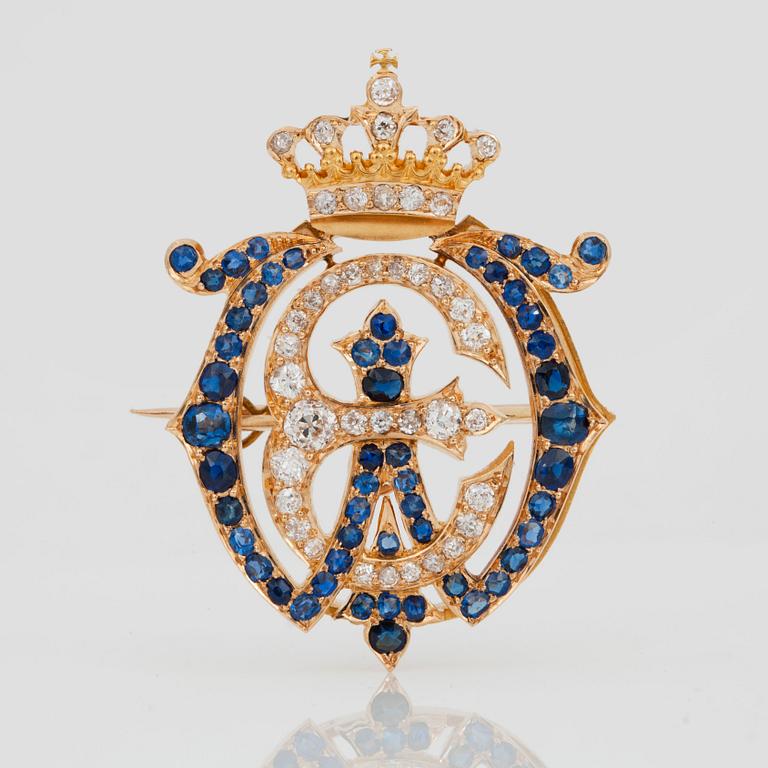 ARMRING/BROSCH med gammalslipade diamanter och safirer. Monogramdekor för Willem III och Emma Waldeck-Pyrmont.