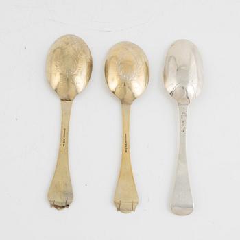 Johan Söderdahl, funeral spoon, silver, Söderköping 1762, along with two baroque style spoons, CG Hallberg, Stockholm.