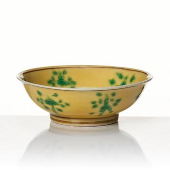 A yellow glazed lotus dish, late Qing dynasty with Yongzheng mark.