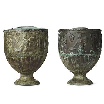 299. Ivar Johnsson, "Vinskörden", a pair of patinated copper urns, Swedish Grace 1920-30's.