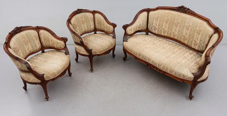 SALONGSGRUPP, 3 delar, rokokostil, 1900-talets mitt.