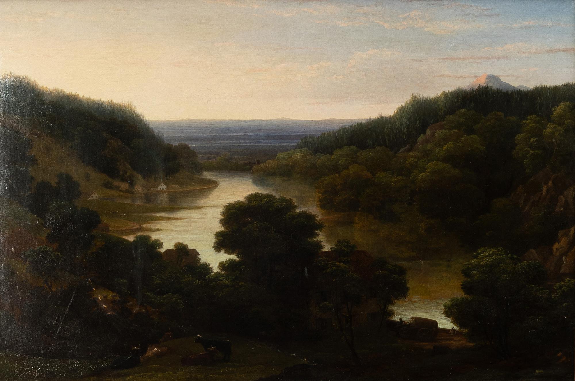 Unknown artist, 19th century, Expansive landscape with figures and cattle.