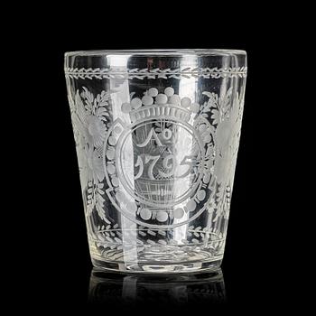 Bägare, glas, troligen Tyskland/Böhmen, daterad 1795.