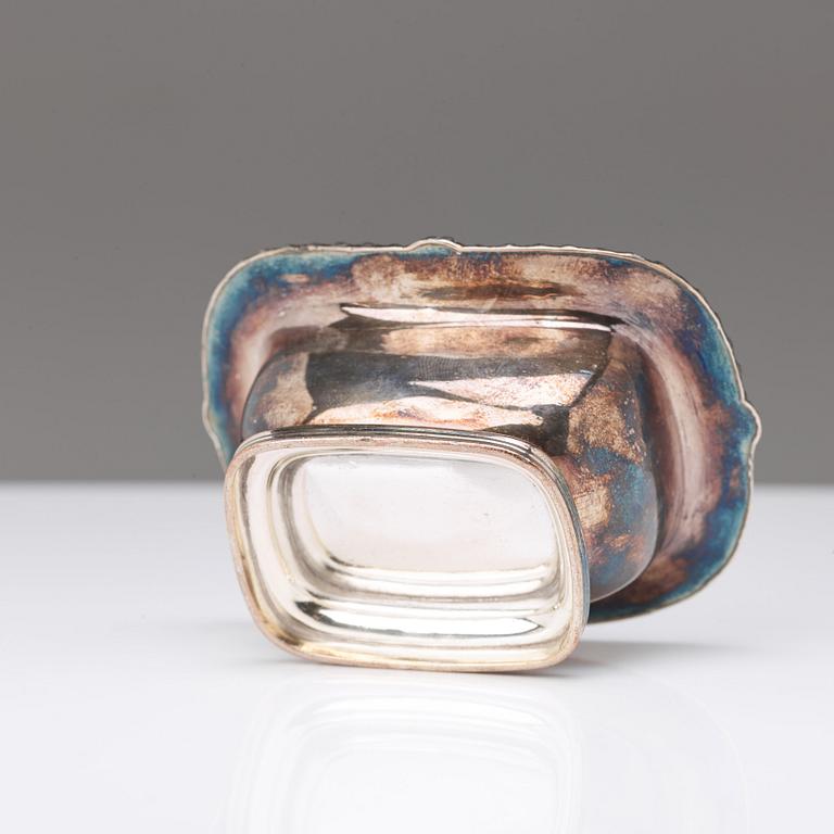 A pair of 20th century coasters, white metal and an English silver plated salt-cellar and A 20th c glass table-bell.