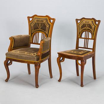 An eight piece Art Nouveau lounge suite in mahogany, Belgium/Netherlands, early 20th century.