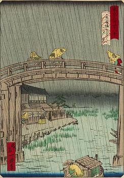 Shosai Ikkei, "Sudden Shower at Imado Bridge, Sanyabori".