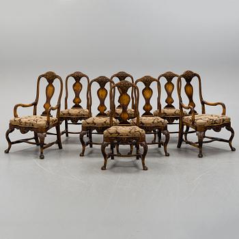 A set of six late Baroque style chairs and a pair of armchairs, first half of the 20th century.