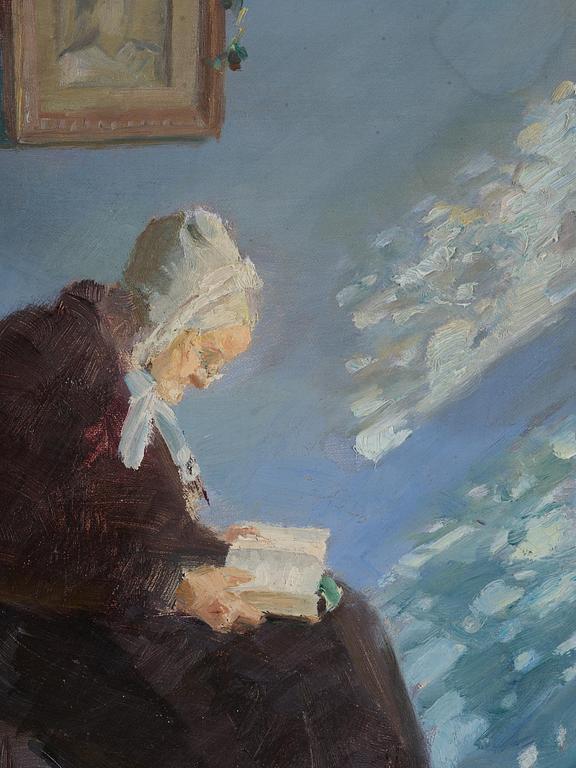 Anna Ancher, Interior of the blue room with the artist's mother Ane Brøndum reading.