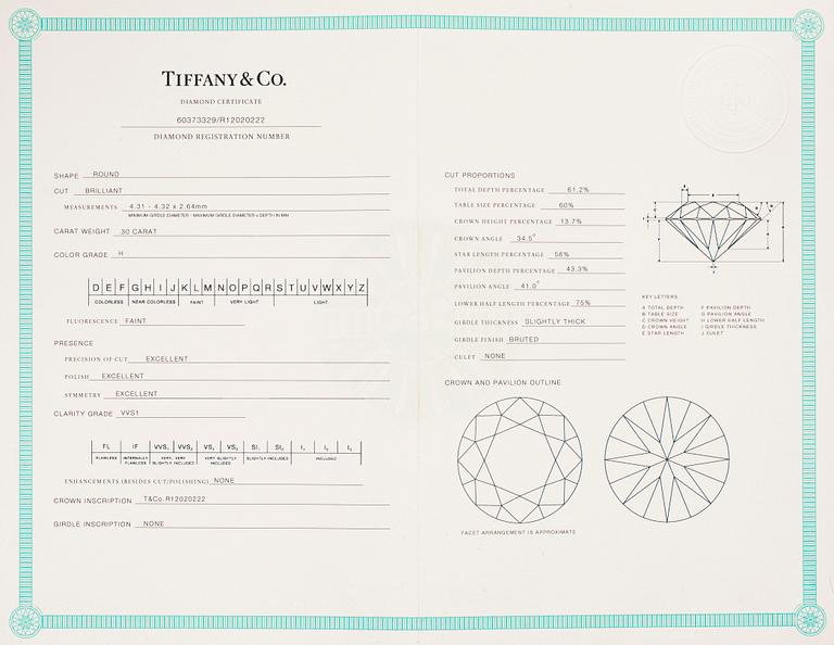 TIFFANY & CO RING, platina, briljant ca 0.3 ct.