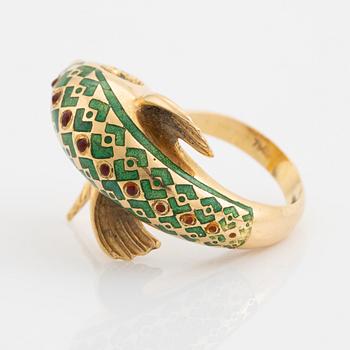 18K gold and green enamel dolphin ring.