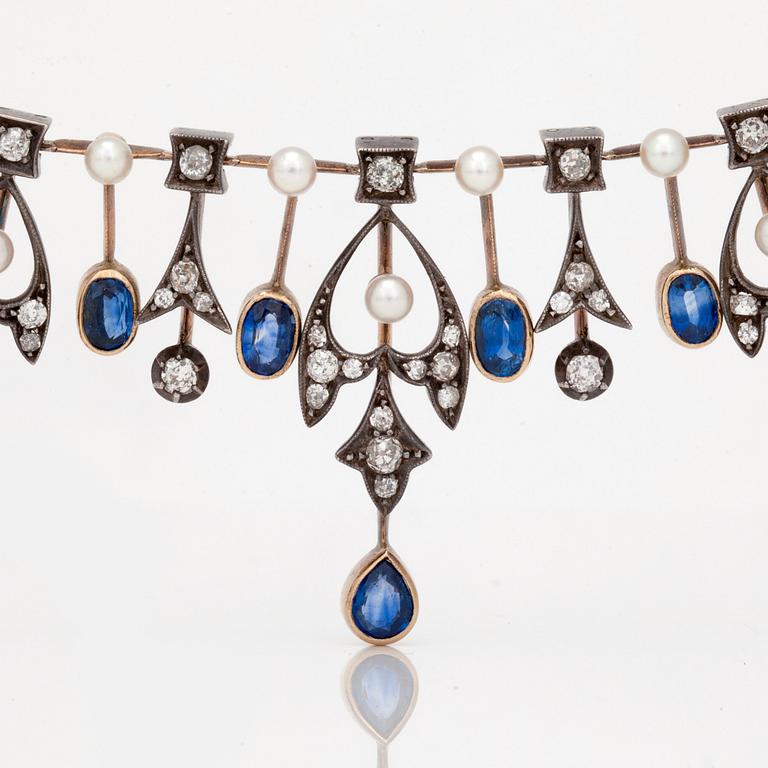 A victorian old-cut diamond, pearl and sapphire necklace.