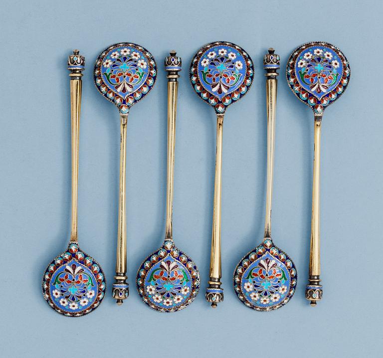 A SET OF SIX RUSSIAN SILVER AND ENAMEL TEA-SPOONS, makers mark of Ivan Chlebnikov, Moscow 1880's.