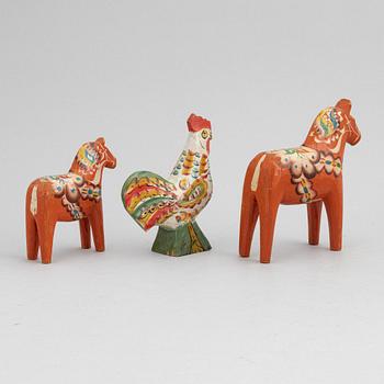 A set of painted wooden horses and roosters from Dalarna, Sweden, mid 20th century and late 20th century.