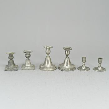 Four pewter candlesticks, one with mark of Hans Wicksten, Västerås (1782-1814).