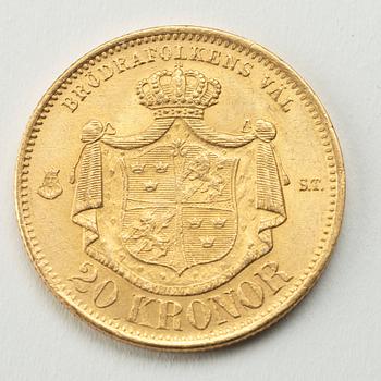 MYNT, guld, 20 kronor, Oscar II, 1875, vikt ca 9 g.