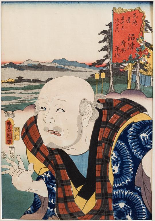 UTAGAWA KUNISADA, även kallad Toyokuni III (1786-1864), samt TOYOKUNI I,färgträsnitt, två st. Japan. "Skåderspelerskor".