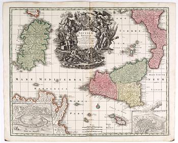 A 18th century engraved map picturing Sicily, Sardinia and Calabria by Matthaeus Seutter from Augsburg circa 1740.