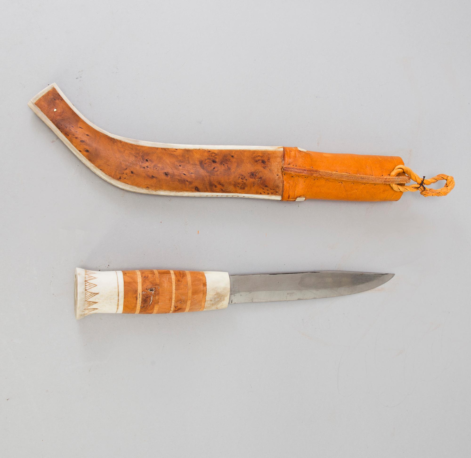 A Sami knife and bottle, Knut Dahlgren, Arvidsjaur, signed KD, second half of the 20th Century.