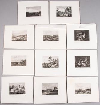 PARTI GRAVYRER, ca 25 st,  stålstick, "En resa i Finland", A. Weger, 1870-tal.