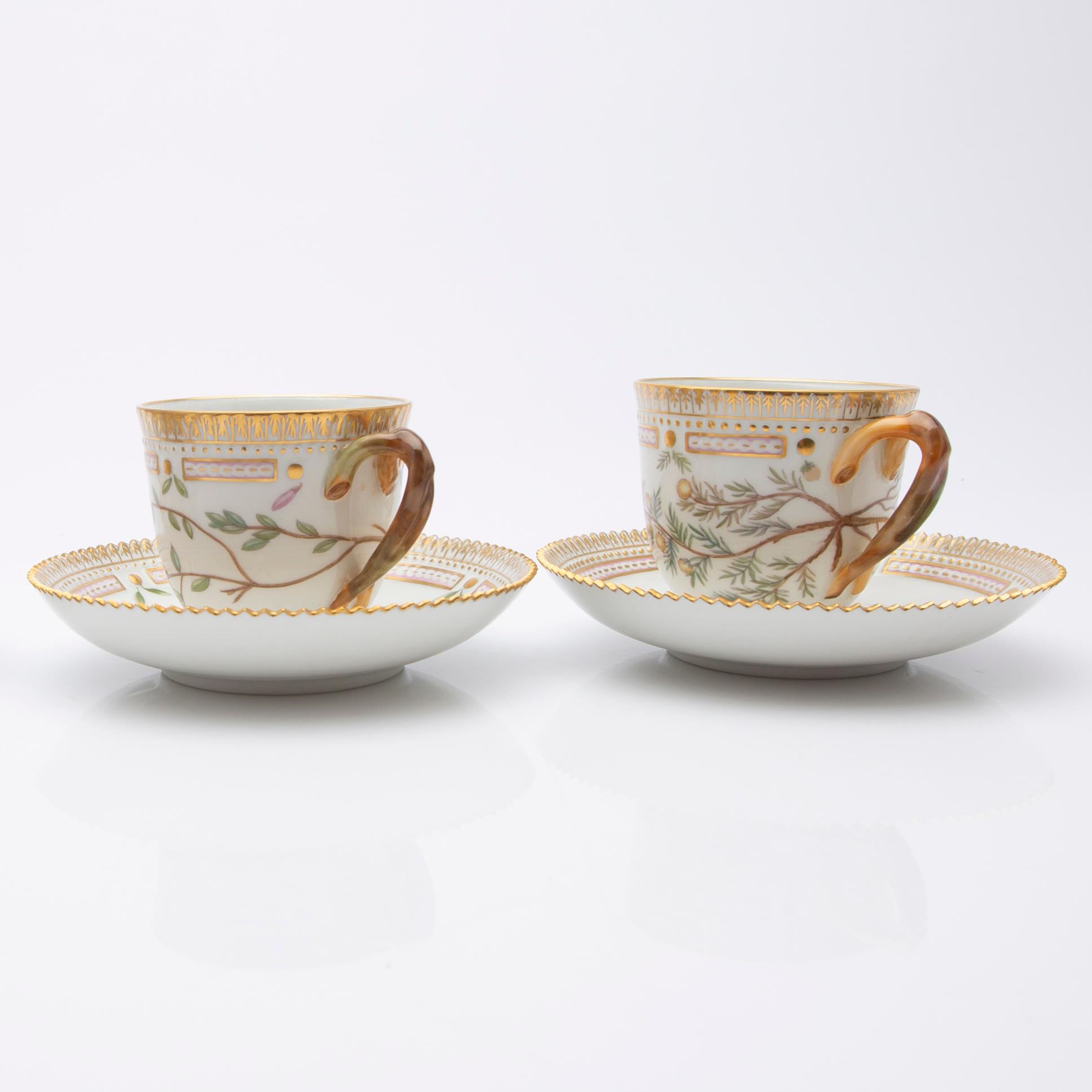Royal Copenhagen, Coffee cups with saucers, three pieces, porcelain, 'Flora Danica', Royal Copenhagen, Denmark, 20th century.